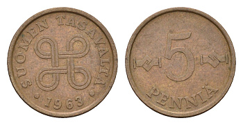 Финляндия 5 пенни 1963 KM 45 медь 4684-169