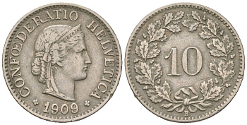 Швейцария 10 раппенов 1909 B KM 27 медно-никель 4164-1252