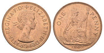 Великобритания 1 пенни 1967 Елизавета II (1952-2022) KM 897, Spink 4157 бронза UNC 4661-946