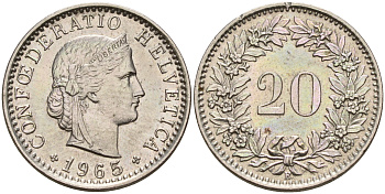 Швейцария 20 раппенов 1965 B KM 29a медно-никель    4161-653