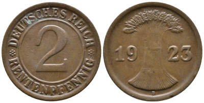 ГЕРМАНИЯ 2 РЕНТЕНПФЕННИГА 1923 D KM 31, J. 307 бронза 24-423