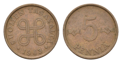 Финляндия 5 пенни 1963 KM 45 медь 4684-169