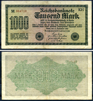 Германия 1000 марок 1922 выпуск 15 сентября 1922, водяной знак F, белая бумага, серия KH, буква M Pick 76 c (2) бумага 8617-44-1-2