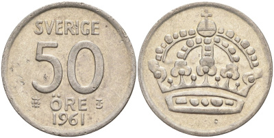 Швеция 50 эре 1961 TS, Густав VI Адольф (1950-1973) KM 825 серебро 4148-952