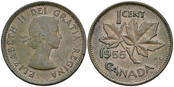 Канада 1 цент 1955 WITHOUT STREP, Елизавета II, кленовый лист KM 49 бронза    4115-745