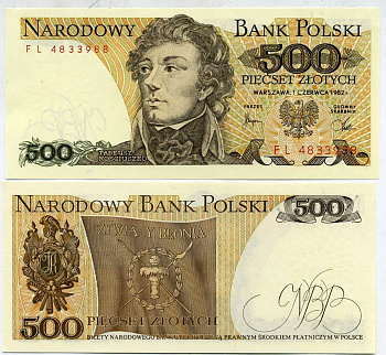 Польша 500 злотых 1982 Тадеуш Костюшко Pick 145 d бумага UNC (пресс) 7202-16-3