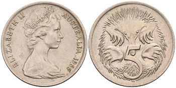 Австралия 5 центов 1966 ЕХИДНА KM 64 медно-никель 190-817