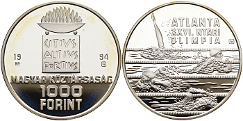 Венгрия 1000 форинтов 1994 XXVI Олимпийские игры в Атланте, плавание KM 712 серебро PROOF 02-207-31
