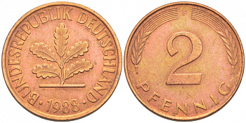 ФРГ 2 ПФЕННИГА 1988 J KM 106a, J.381a сталь плакированная сталь плакированная медьюю 4396-1618