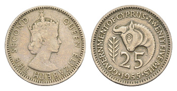 Кипр 25 милей 1955 Елизавета II (1952-2022) KM 35 медно-никель 4647-738