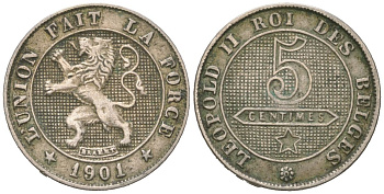 Бельгия 5 сантимов 1901 DES BELGES, Леопольд II (1865-1909) KM 40 медно-никель 4044-323