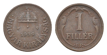 Венгрия 1 филлер 1939 BP, редкий год KM 505 бронза 4665-362