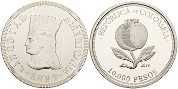 Колумбия 10000 песо 2019 200 лет независимости Колумбии, сертификат, оригинальная упаковка KM NEW медно-никель  PROOF  3-4-7-02