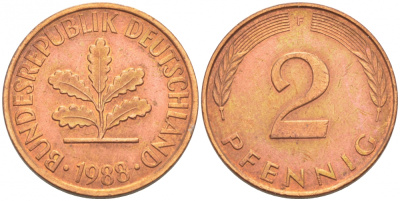 ФРГ 2 ПФЕННИГА 1988 J KM 106a, J.381a сталь плакированная сталь плакированная медьюю 4396-1618