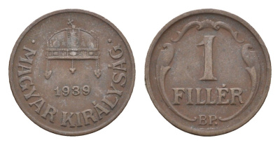 Венгрия 1 филлер 1939 BP, редкий год KM 505 бронза 4665-362