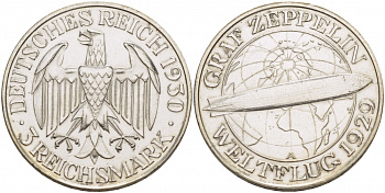 Германия 3 марки 1930 A, полет дирижабля граф Цеппелин J. 342, KM 67 серебро 650-1315