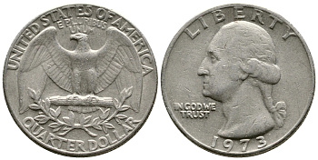 США 25 центов (квотер) 1973 Вашингтон KM 164а медь плакированная медно-никелем 57-622