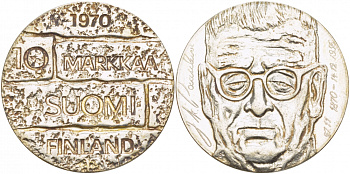 Финляндия 10 марок 1970 S-H, день рождения президента Юхо Паасикиви KM 51 серебро UNC 1515-1412