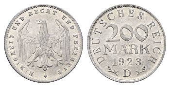 Германия 200 марок 1923 D KM 35, J. 304 алюминий 4119-435