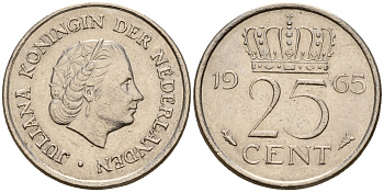 Нидерланды 25 центов 1965 Юлиана (1949-1980) KM 183 никель    4598-425