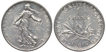 Франция 1 франк 1991 сеятель KM 925.1 никель 25-2411