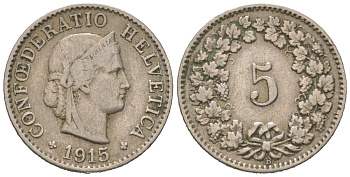 Швейцария 5 раппенов 1915 B KM 26 медно-никель 4164-511