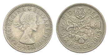 Великобритания 6 пенсов 1963 Елизавета II (1952-2022) KM 903, Spink 4149 медно-никель 4643-468