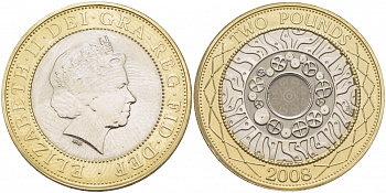 Великобритания 2 фунта 2008 Елизавета II (1952-2022) KM 994, Spink 4570 (K9) биметалл UNC 51-4215