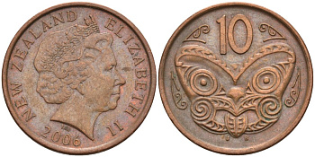 Новая Зеландия 10 центов 2006 Елизавета II (1952-2022), маска маори KM 117а сталь плакированная медью 106-1216