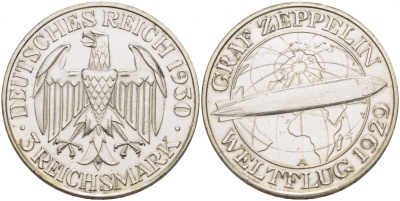 Германия 3 марки 1930 A, полет дирижабля граф Цеппелин J. 342, KM 67 серебро 650-1315