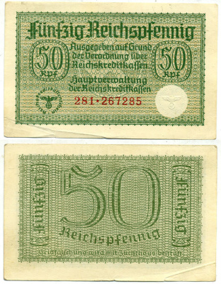 ГЕРМАНИЯ 50 РЕЙХСПФЕННИГОВ 1940-1945 ДЛЯ ОККУПИРОВАННЫХ ТЕРРИТОРИЙ Pick R135 бумага 3295-87-2-2