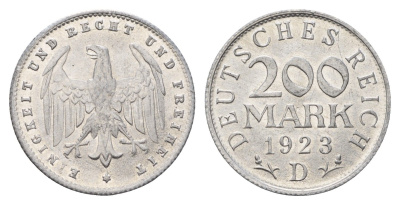 Германия 200 марок 1923 D KM 35, J. 304 алюминий 4119-435
