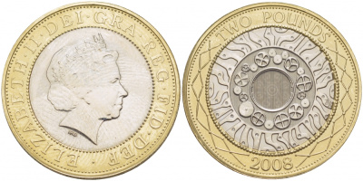 Великобритания 2 фунта 2008 Елизавета II (1952-2022) KM 994, Spink 4570 (K9) биметалл UNC 51-4215