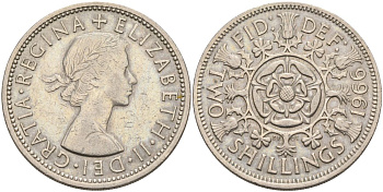 Великобритания 2 шиллинга (флорин) 1966 Елизавета II (1952-2022) KM 906, Spink 4146 медно-никель 4117-1033