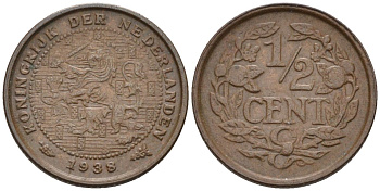 Нидерланды 1/2 цента 1938 Вильгельмина (1890-1948) KM 138 бронза 4588-965