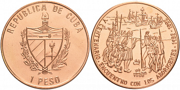 Куба 1 песо 1990 500 лет открытия Америки, Колумб и аборигены KM 471 медь UNC 00-00