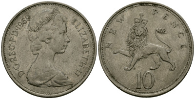 Великобритания 10 пенсов 1969 Елизавета II (1952-2022) KM 912, Spink 4231 (F1) медно-никель 4137-342