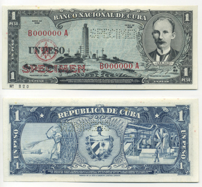 Куба 1 песо 1956 Specimen, перфорация, В000000А Pick 87s1 бумага UNC (пресс) 000-000-00