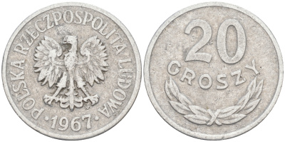 ПОЛЬША 20 ГРОШЕЙ 1967 MW KM A47 алюминий VF 188-266