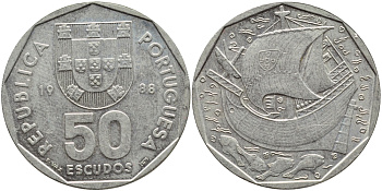Португалия 50 эскудо 1988 парусник KM 636 медно-никель 4394-815