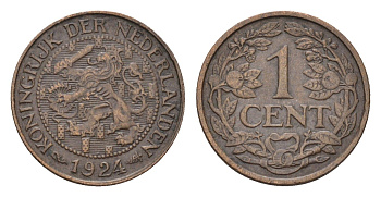 Нидерланды 1 цент 1924 Вильгельмина (1890-1948), редкий год KM 152 бронза 44-1064