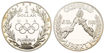 США 1 доллар 1988 S, XXIV летние Олимпийские Игры, Сеул 1988 KM 222 серебро PROOF 11-255-23