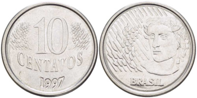 Бразилия 10 сентаво 1997 голова свободы KM 633 нержавеющая сталь 60-216