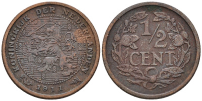Нидерланды 1/2 цента 1911 Вильгельмина (1890-1948) KM 138 бронза    4169-237