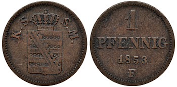 САКСОНИЯ 1 ПФЕННИГ 1853 ФРИДРИХ АВГУСТ II KM 1155, AKS 112, J. 79 медь 75-114