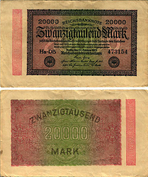 ГЕРМАНИЯ 20000 МАРОК 1923 20 ФЕВРАЛЯ 1923, ВОДЯНОЙ ЗНАК L Pick 85a бумага 8608-37-1