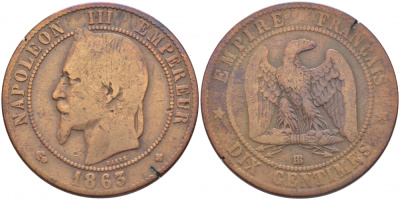 ФРАНЦИЯ 10 САНТИМОВ 1863 BB, НАПОЛЕОН III (1852-1870) KM 798.2, LA FRANC 134.9 бронза 114-1224