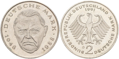 ФРГ 2 марки 1991 D, Людвиг Эрхард, 40 лет Федеративной Республике (1948-1988) KM 170, J. 445 медно-никель плакированный никелем 4583-232
