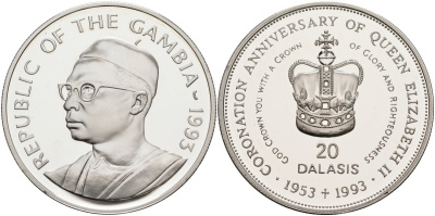 Гамбия 20 даласи 1993 40 лет коронации Елизаветы II (1953-1993), тираж 10000 экз. KM 32 серебро PROOF 1098-1-51