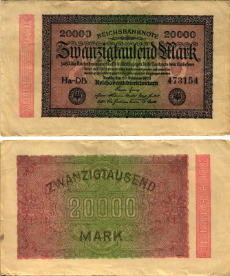 ГЕРМАНИЯ 20000 МАРОК 1923 20 ФЕВРАЛЯ 1923, ВОДЯНОЙ ЗНАК L Pick 85a бумага 8608-37-1